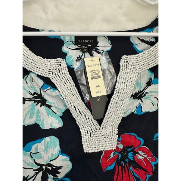 NWT Talbots Navy Floral Longline Top 3X Beaded 100% Linen - Picture 3 of 9